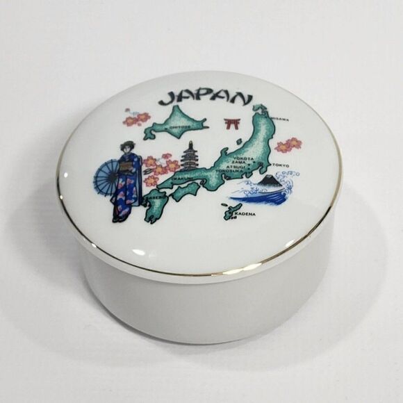 Porcelain Japan 2" x 3.5" Map Round Trinket Box - Picture 1 of 6
